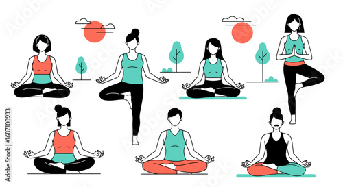 Various women performing yoga postures in a serene outdoor minimalist setting