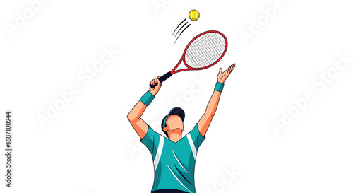 A tennis player preparing to serve during a match, focused action of athleticism