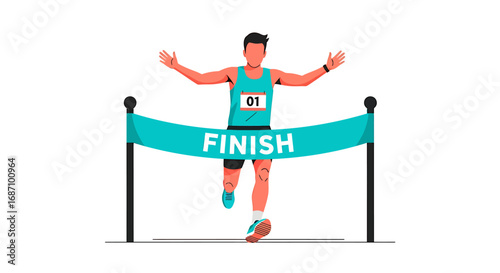 Celebrating the Winning Moment: Runner Crossing the Finish Line with Exuberance