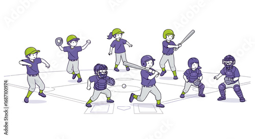 Illustrated baseball team practices on the diamond, engaging in spirited