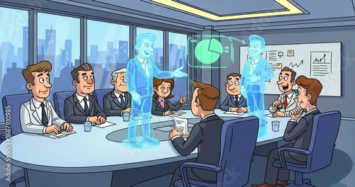 Futuristic business meeting with holographic presenters at a conference table