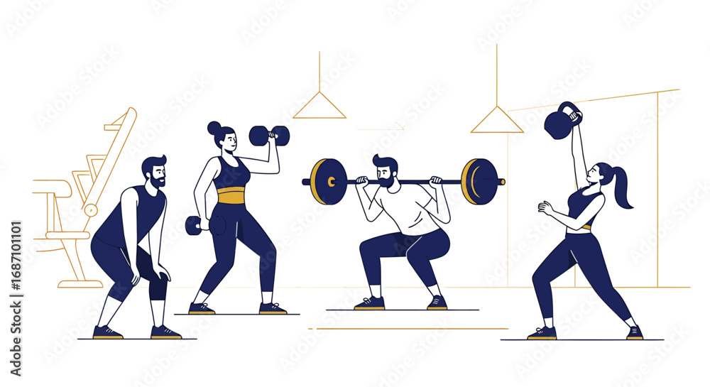 Fototapeta premium People engaging in weightlifting and fitness activities at the training center