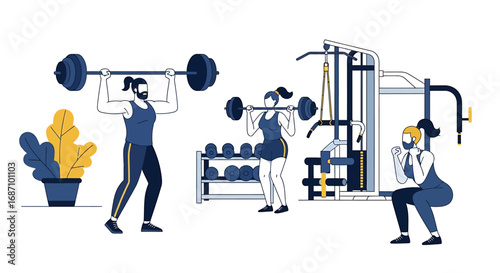 Illustrated fitness enthusiasts lifting weights and using equipment in studio