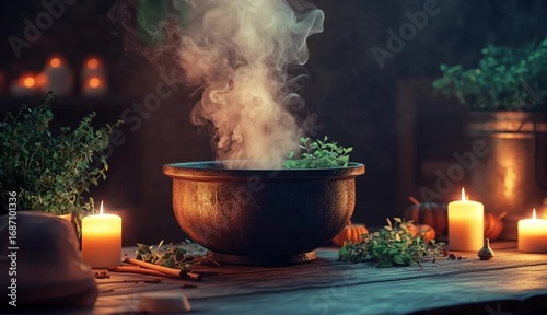 Wallpaper Mural Witch cauldron with smoking potion, candles, herbs, plants on wooden table. Magic concept, fantasy, witchcraft, Halloween Torontodigital.ca