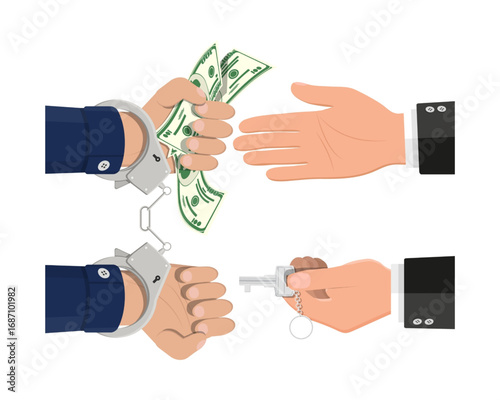 The price of freedom concept with handcuffed hands in a bribe for release transaction involving money and a key