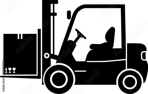 Forklift lifting heavy package in warehouse, essential logistics and delivery icon for industry