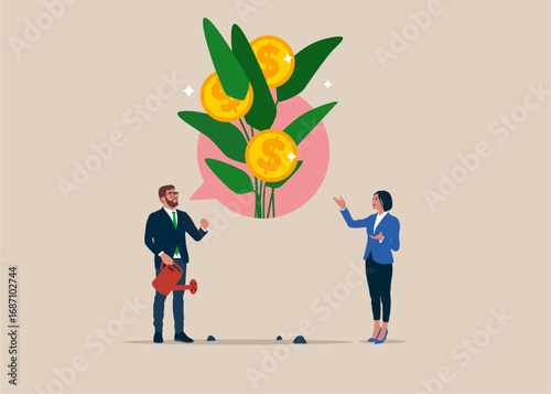 Business people finish watering growing money plant seedling with coin flower on speech bubble communication. Financial and investment growth, increase earning profit, success in wealth management. 