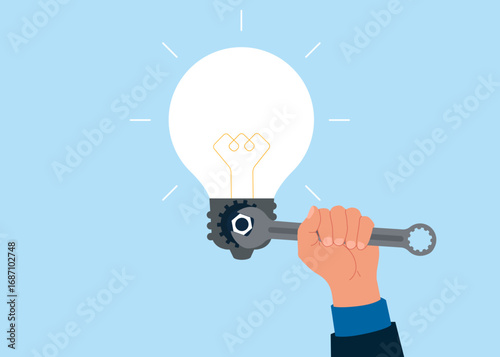 Human hand  holding wrench mechanism with bolt, repairing or restoring light bulb. Sharing knowledge and exchange ideas.  Interface customization, programming. Flat vector illustration