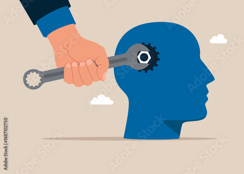 Human hand  holding wrench mechanism with bolt in human head. Artificial intelligence.AI chip, machine learning, analysis information. Digital brain with neural network. Chatbot. Vector illustration.