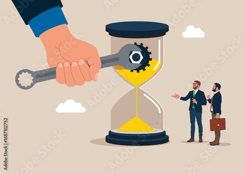 Human hand  holding wrench mechanism with bolt, repairing or restoring hourglass. Effort and time to make money, success long term investment, deadline effect to make people finish work concept. 