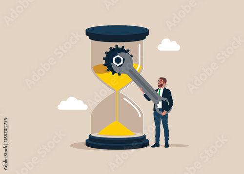 Effort and time to make money, success long term investment, deadline effect to make people finish work concept. Businessman holding wrench mechanism with bolt, repairing or restoring hourglass. 