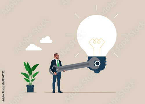 Sharing knowledge and exchange ideas. Businessman holding wrench mechanism with bolt, repairing or restoring light bulb. Interface customization, programming. Flat vector illustration
