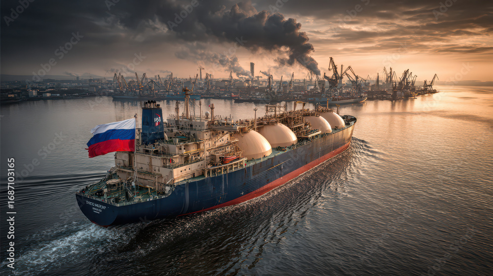 Fototapeta premium Energy Transport on Water: A colossal liquefied natural gas tanker majestically sails towards a bustling industrial port.