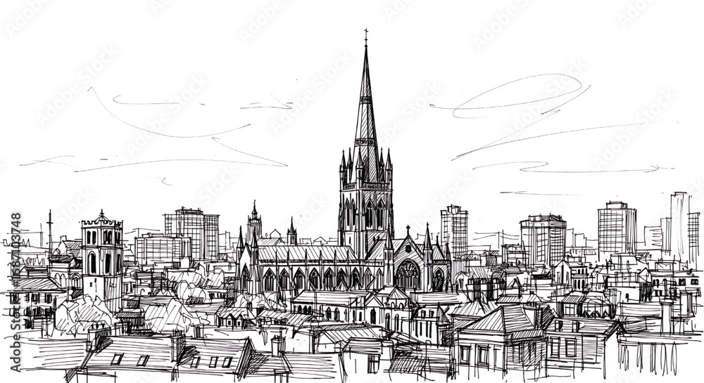 Fototapeta premium Vienna, Austria skyline featuring St. Stephen's Cathedral. A detailed hand-drawn black and white sketch of the historic European capital.
