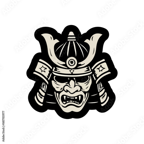 Samurai Warrior Mask Illustration with Traditional Helmet in Bold Vector Style