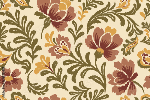 Ethnic ikat floral embroidery seamless pattern with vintage damask ornament, abstract boho folk art fabric texture design for clothing, decorative ornamental textile wallpaper background illustration.