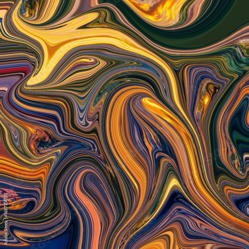 Vivid abstract swirl artwork with yellow, orange, and blue tones blending in fluid motion. Dynamic marble texture ideal for fashion, design, and art prints.