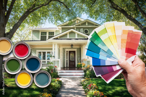 A hand holds colorful paint swatches beside canisters of paint, while a picturesque home with a lovely garden is visible in the background under a bright blue sky