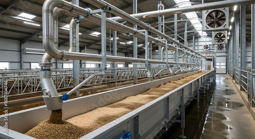 Modern livestock feeding system in a bright, clean barn with fresh animal feed ready