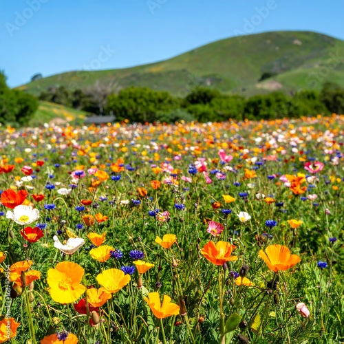 Vibrant flower field, hills in background