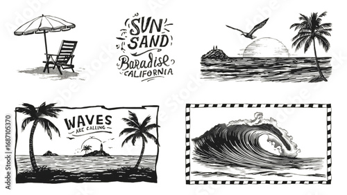 Vintage beach and ocean illustrations with tropical vibes