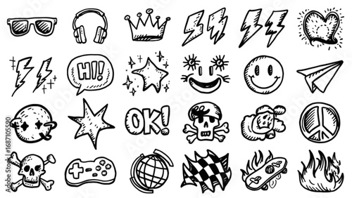 Collection of hand drawn doodle icons and symbols