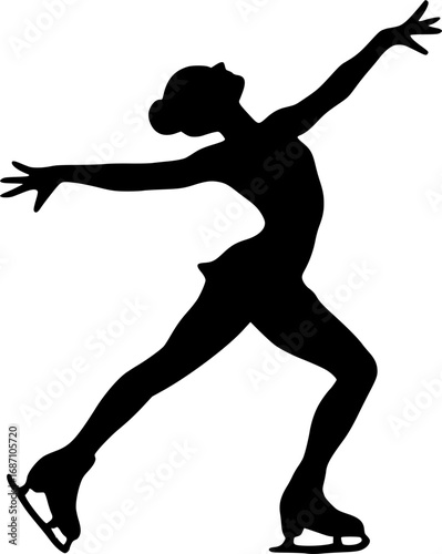 Black silhouette of figure skater in dynamic performance pose, flat vector style, ideal for wall prints, winter sports graphics, and elegant athletic illustrations
