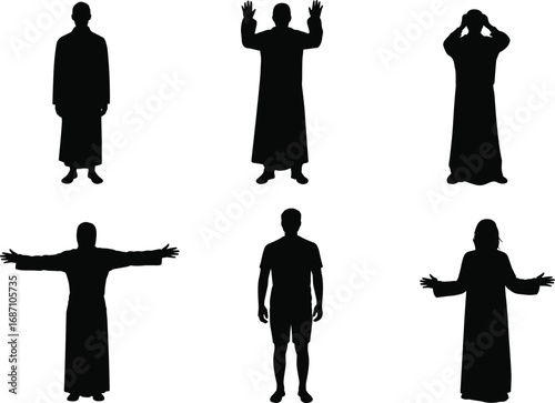 Silhouette religious people in prayer and worship poses, vector illustration of believers with open arms, isolated black spiritual human figures for faith design