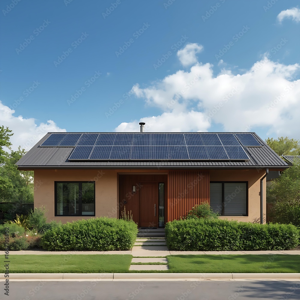 Fototapeta premium Modern suburban house with solar panels installed on rooftop under clear blue sky, eco-friendly residential architecture photo showcasing renewable energy, green living, and sustainable housing design