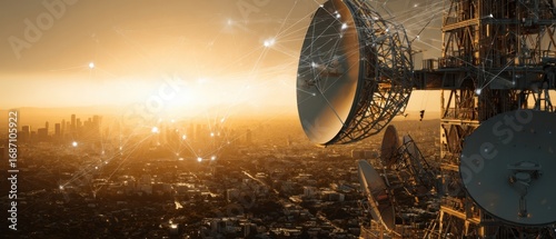 The telecommunications tower overlooking the city during a stunning sunset.