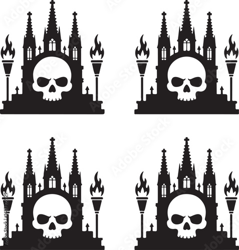 Gothic Castle with Skull and Torches on White Background vector illustration