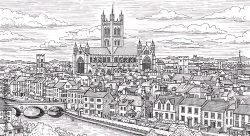Detailed hand-drawn sketch of York Minster in York, England. A black and white vector illustration of the magnificent Gothic cathedral facade.