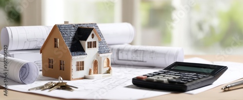 The house model on architectural blueprints with calculator keys and planning documents