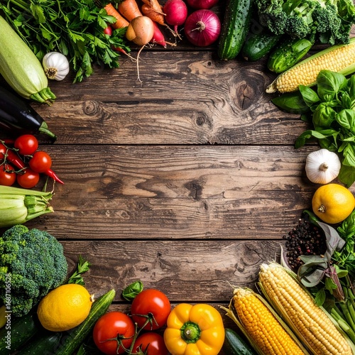 Fresh vegetables arranged artfully on rustic wooden table creating a vibrant and healthy food frame with natural light and earthy tones, promoting wellness.