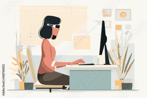 Visually impaired female programmer using screen reader at tech workspace, flat design, beige and coral tones