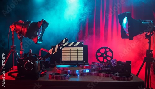 Wallpaper Mural A cinematic composition featuring a film clapperboard, vintage film reels with unrolled film strips, and an old-style movie camera Torontodigital.ca