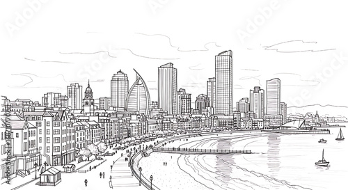 Hand-drawn sketch of the Gold Coast, Australia skyline. A detailed black and white illustration of the modern city and its famous beaches.