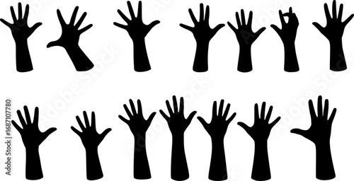 set of hand reaching silhouette, raised hands, unity, crowd, celebration. Black silhouettes of enthusiastic hands reaching upwards against a white background. Depicts unity, celebration