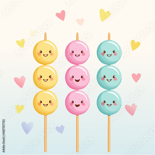 Cute illustration of three colorful dango skewers with smiling kawaii faces surrounded by pastel hearts.