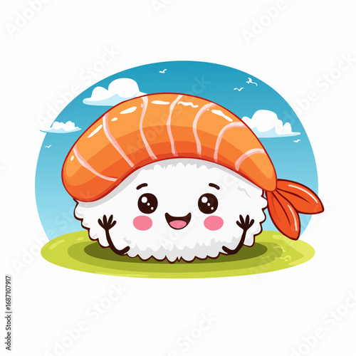 Cute cartoon sushi character with a smiling face, shrimp topping, and a happy expression.