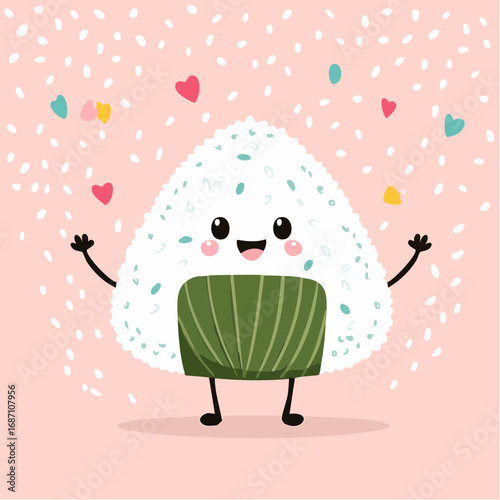 Happy rice ball cartoon character with hearts and sprinkles.