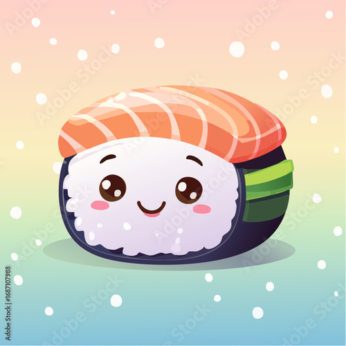 Cute cartoon sushi roll with salmon topping, smiling face, and colorful background.