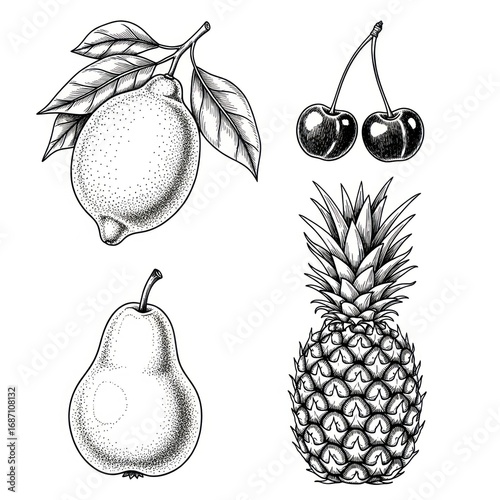 Set of Lemon, Pear, Cherry, and Pineapple, Ink Style