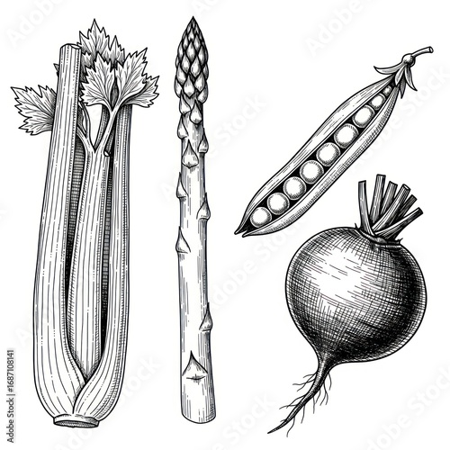 Set of Vegetables in Ink Style