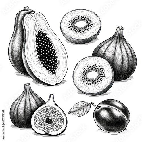 Set of Papaya, Kiwi, Fig, and Plum, Ink Style