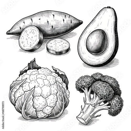 Set of Vegetables in Ink Style