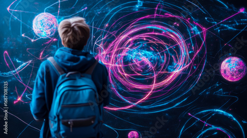 Young student with backpack gazes at mesmerizing cosmic display of swirling neon pink and blue energy trails, abstract patterns, and glowing celestial spheres, igniting curiosity in science and future