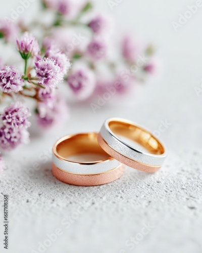 Two-Tone Wedding Rings with Gypsophila on Textured Surface, Soft Light, Elegant, Macro, Rose Gold & Silver Bands
