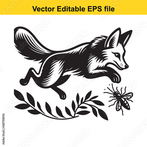 Black and white illustration of a jumping fox with a branch and a fly isolated on white background