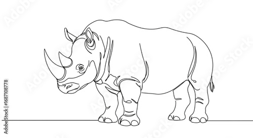 One continuous line drawing of a rhinoceros, minimal abstract line art, white background
